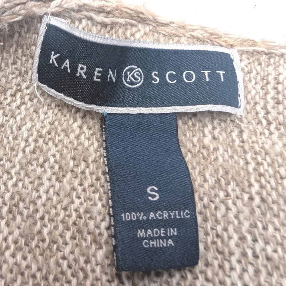 Karen Scott Cardigan Womens Small Tan Open Front Shawl Collar Pointelle Knit